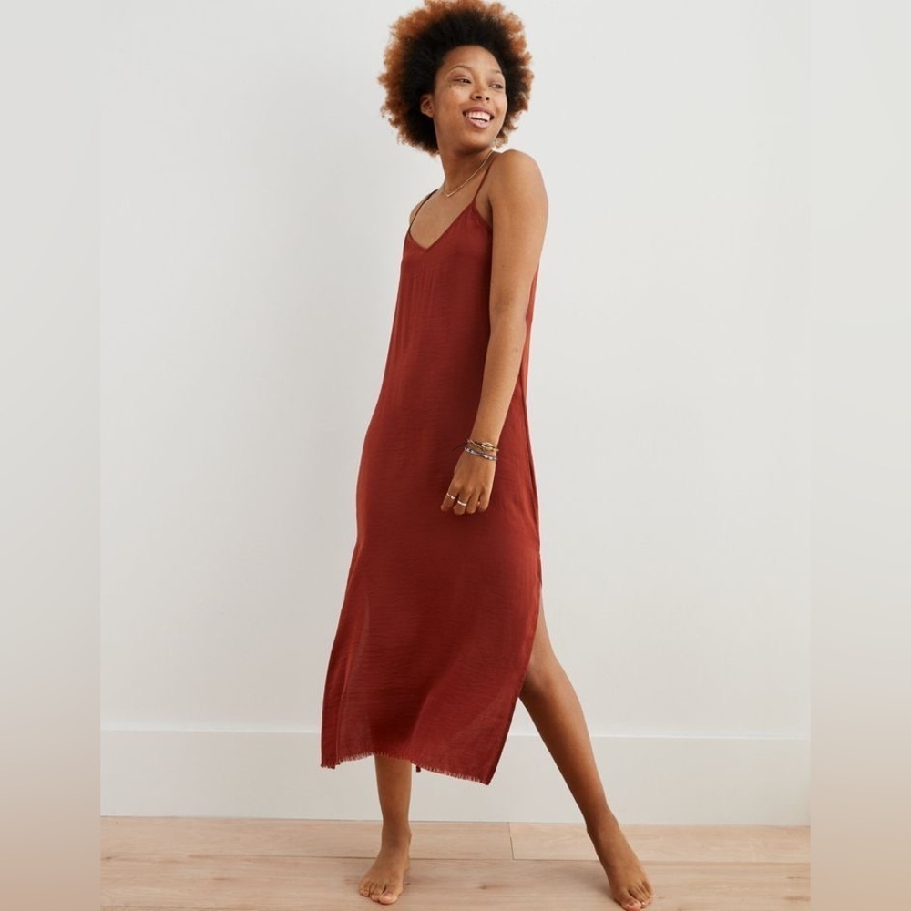 Aerie Women’s Satin Flowy Slip Midi Dress in Rust Size XS